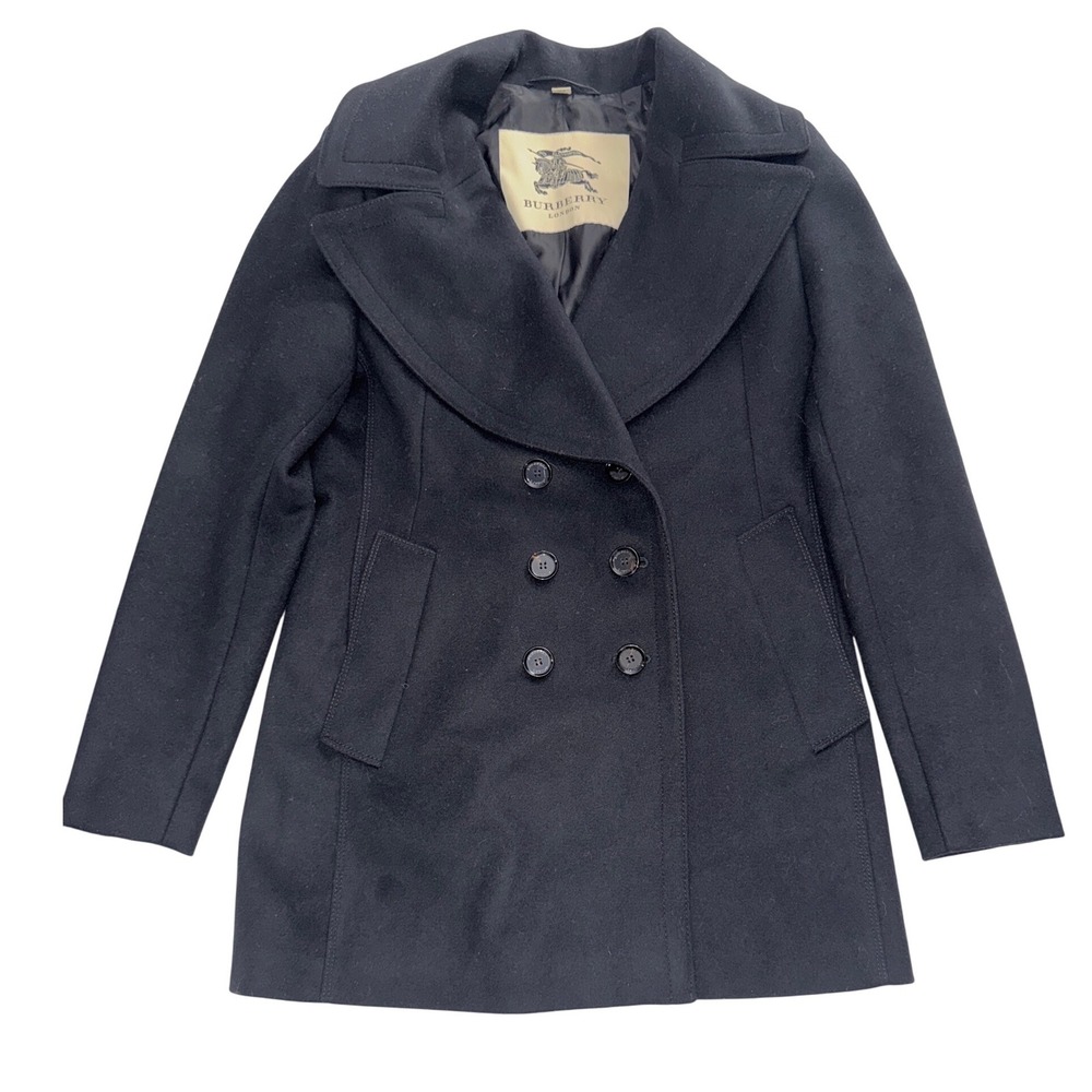 Burberry London Black Wool Cashmere Double Breasted Peacoat Jacket US 8 3844812